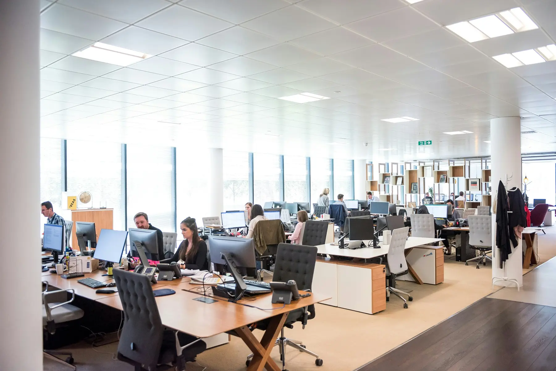 A bright open-plan office with rows of desks and tall windows.