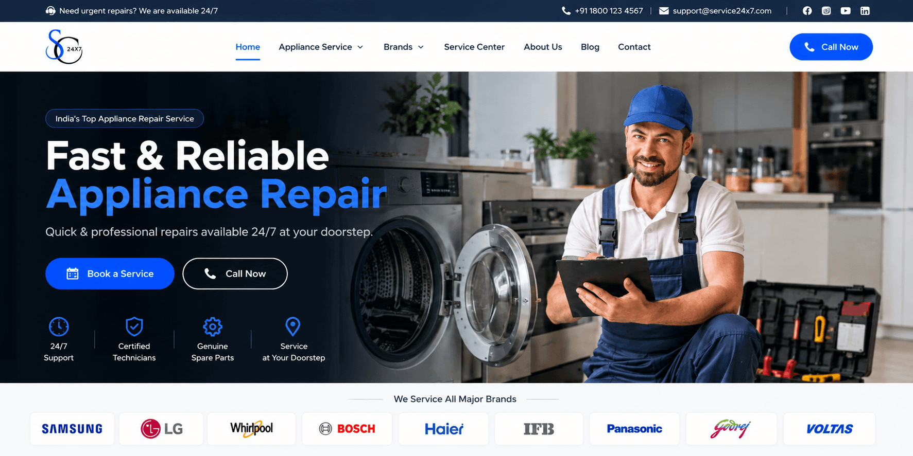 Screenshot of the 24x7 Service Centers home page offering fast and reliable appliance repair.