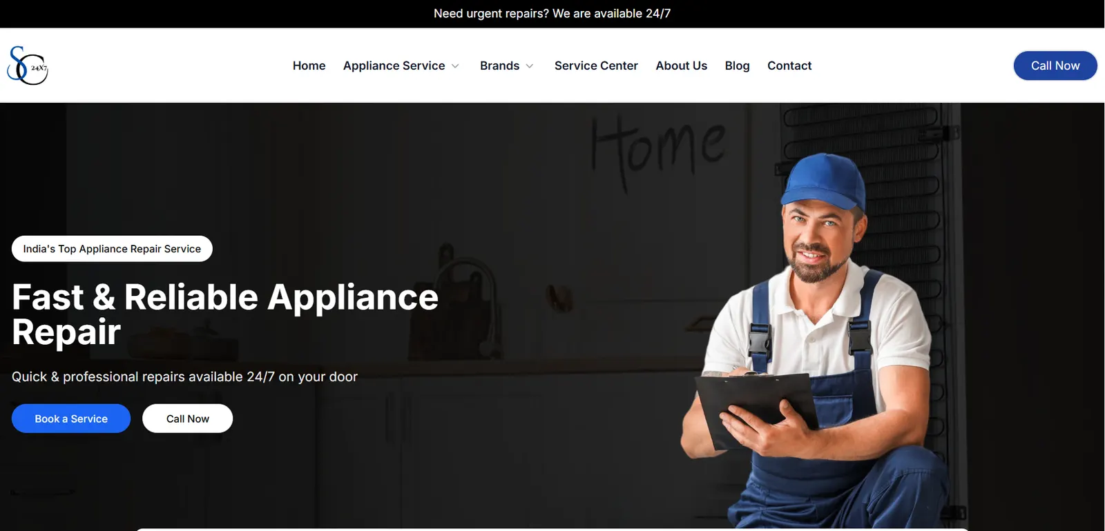Screenshot of the 24x7 Service Centers home page offering fast and reliable appliance repair.