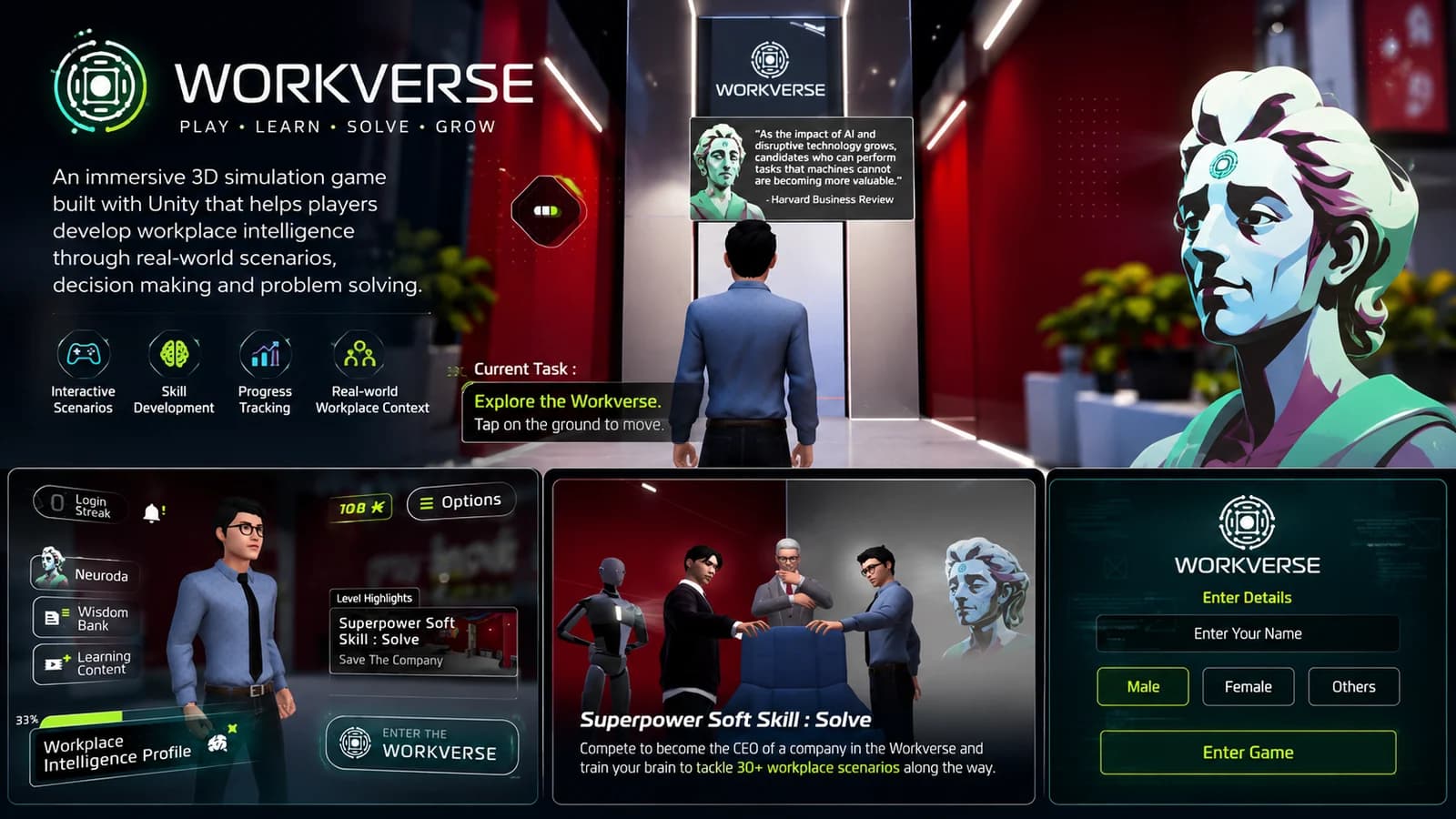 Workverse showcase: a 3D simulation-game character screen, the Play · Learn · Solve · Grow onboarding flow and a workplace-scenario scene from the training game.
